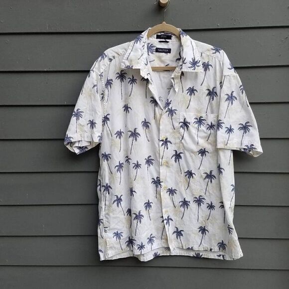 Mens Nautica Cotton White Tropical Shirt with Palm Trees Size Large - Picture 9 of 10
